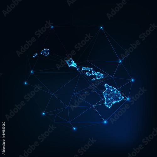Hawaii state USA map glowing silhouette made of stars lines dots triangles, low polygonal shapes.