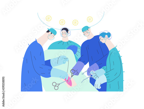 Medical insurance - surgery and surgical procedures -modern flat vector concept digital illustration - surgeons and operation nurses on surgical operation in operating room, team of doctos concept