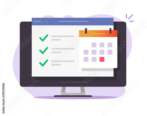 Online calendar web task to do list with done finished business things, website internet scheduled digital events appointments on computer screen vector flat illustration, agenda icon modern design