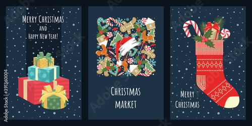 Set of Merry Christmas and Happy New Year postcards. Christmas market. Design elements for cards, flyers, banners.