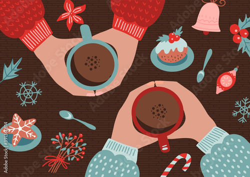 Friendship concept with human hands holding cup of coffee. Christmas, new year card design. Top view scene. Christmas gingerbread , candies. Homemade cookies for the new year. Vector flat illustration