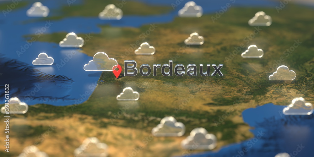 Cloudy weather icons near Bordeaux city on the map, weather forecast related 3D rendering Cloudy weather icons near Bordeaux city on the map, weather forecast related 3D rendering
