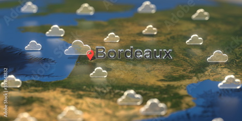 Cloudy weather icons near Bordeaux city on the map, weather forecast related 3D rendering