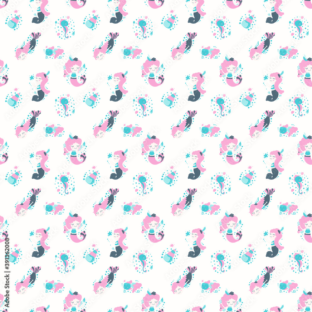 Cute seamless pattern of cartoon mermaids with pink hair, fish, seashells, seahorses and bubbles in the Scandinavian style on a white background. For little girls. Baby shower design