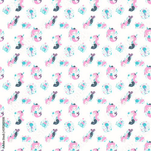 Cute seamless pattern of cartoon mermaids with pink hair, fish, seashells, seahorses and bubbles in the Scandinavian style on a white background. For little girls. Baby shower design