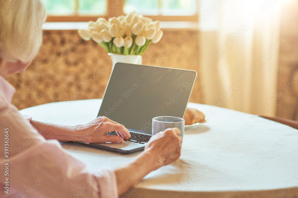 Elderly lady typing on computer in the morning Elderly lady typing on computer in the morning