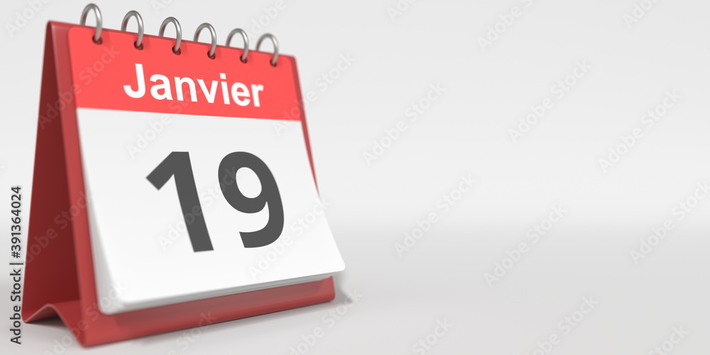 January 19 date written in French on the flip calendar page, 3d rendering January 19 date written in French on the flip calendar page, 3d rendering