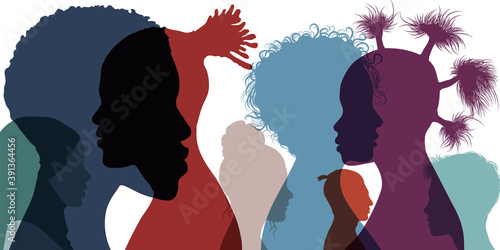 Silhouette profile group of men and women of diverse culture. Cultural diversity. multi-ethnic and multiracial people. Racial equality and anti-racism. Multicultural society. Friendship