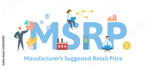 MSRP, Manufacturer's Suggested Retail Price. Concept with keywords, people and icons. Flat vector illustration. Isolated on white background.