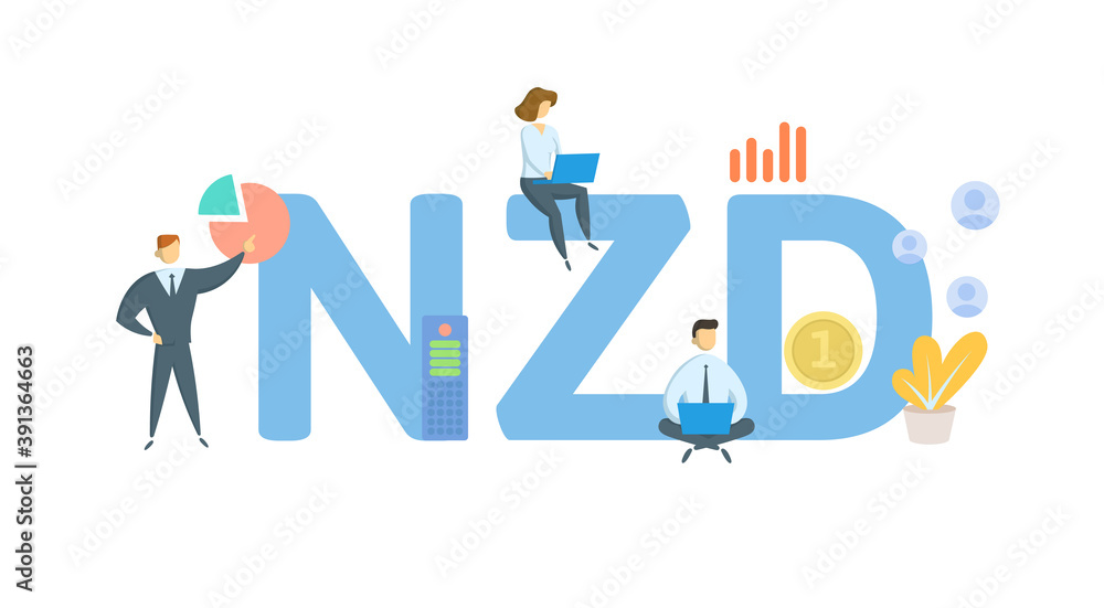 NZD, New Zealand dollar. Concept with keywords, people and icons. Flat vector illustration. Isolated on white background.