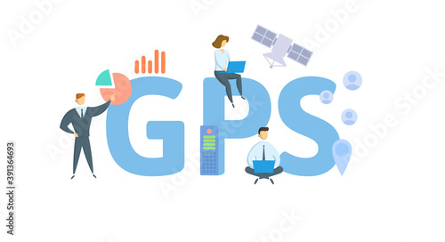 GPS, Global Positioning System. Concept with keywords, people and icons. Flat vector illustration. Isolated on white background.