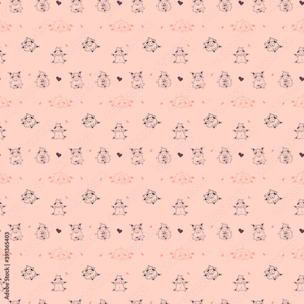 Seamless patterns. Yoga for farm animals. Playful cute sheep go in for sports, meditation and gymnastics. Vector illustration outline on a pink background. For textiles, wallpaper, kids collection Seamless patterns. Yoga for farm animals. Playful cute sheep go in for sports, meditation and gymnastics. Vector illustration outline on a pink background. For textiles, wallpaper, kids collection