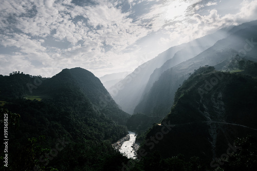 Evening light across the canyon at Himalaya mountains in Nepal
