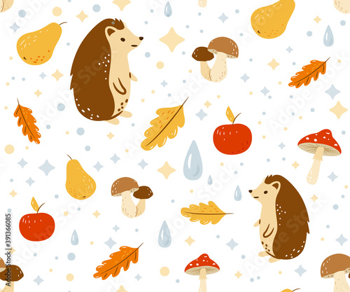 Autumn seamless pattern vector background with happy hedgehog, water drops, fall leaves, apple, pear and mushrooms