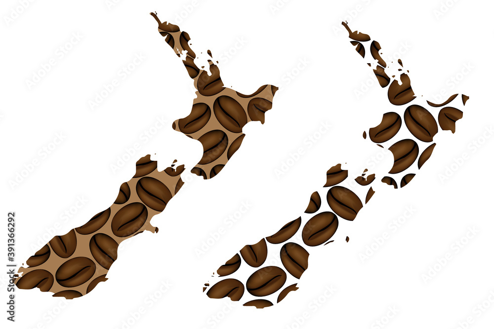 New Zealand map of coffee bean, New Zealand map made of coffee beans