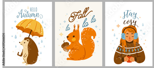 Autumn cool cozy vector illustration set with sweet quotes. Happy hedgehog walking under rain holding big yellow umbrella. Cute squirrel keep acorn. Pretty girl listen music and drink hot tea