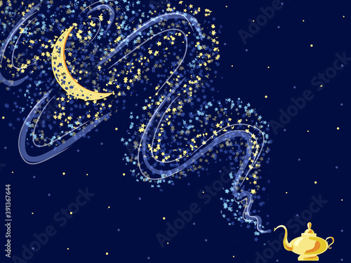 Tableau sur toile A magical oriental lamp on a dark blue background from which the milky way and the moon emerge