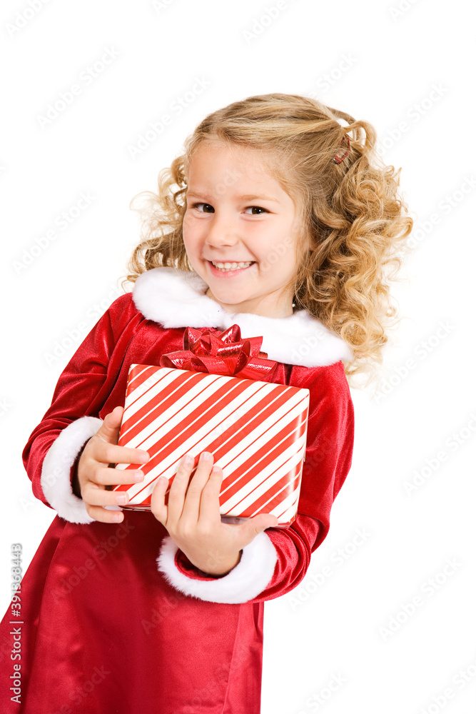 Christmas: Happy Holiday Child Holding Wrapped Gift Christmas: Happy Holiday Child Holding Wrapped Gift