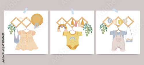 Set of cards with kid clothes on hangers. Baby fashion. Element of wardrobe decorations. Template. Cartoon vector illustration