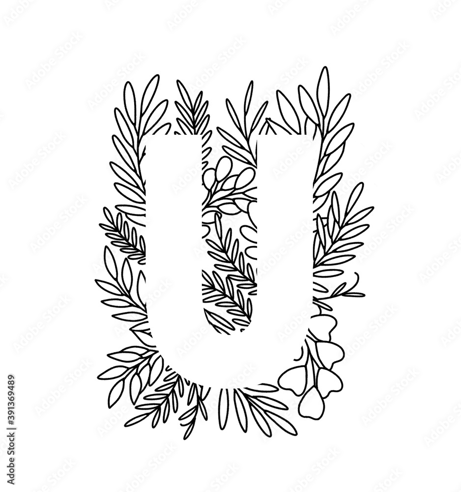Letter U in thin lines leaves in elegant style. Floral letter U. Modern and stylish alphabet. Negative space lettering. Line art floral lettering isolated on white background. Letter U in thin lines leaves in elegant style. Floral letter U. Modern and stylish alphabet. Negative space lettering. Line art floral lettering isolated on white background.
