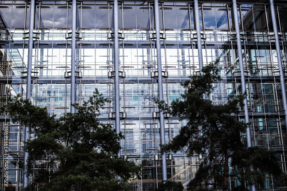 Glass facade of an office building, glass Windows in a metal frame
