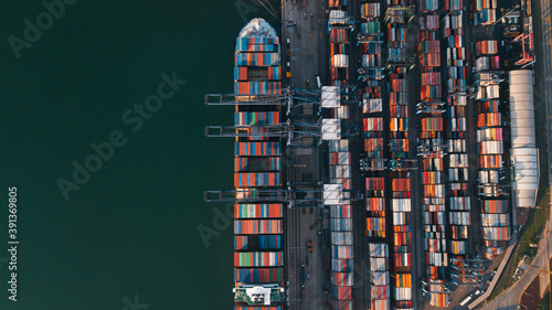 Mexican port in Manzanillo - large ocean cargo ship near the dock