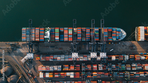 Mexican port in Manzanillo - large ocean cargo ship near the dock