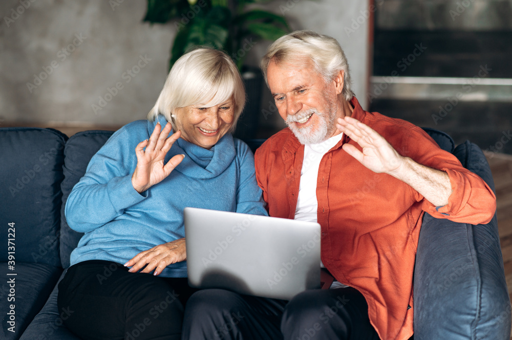 Elderly modern spouses communicate by video call using a laptop with family or friends while sitting at home on the couch and waving their hands to the camera Elderly modern spouses communicate by video call using a laptop with family or friends while sitting at home on the couch and waving their hands to the camera