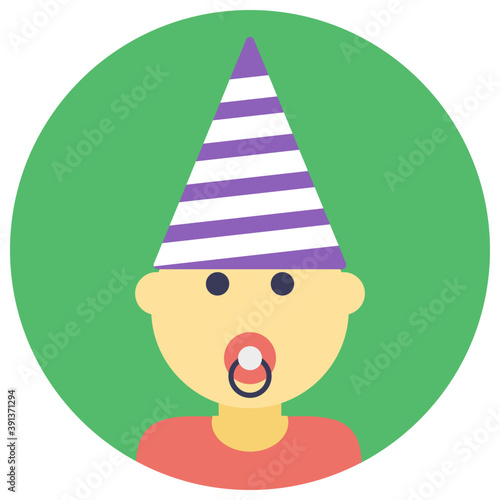 
Child with pacifier in mouth, flat vector icon 
