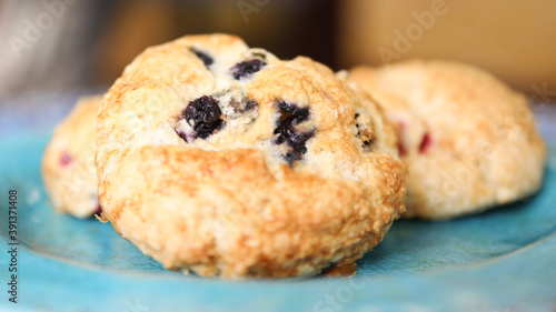 Homemade bakery scones on a blue plate
