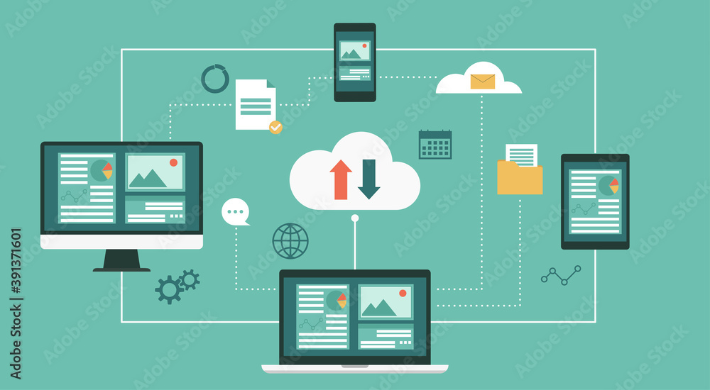 Cloud surrounded by networked electronic devices on processing of upload and download information, data in database on cloud computing technology services, vector flat illustration Cloud surrounded by networked electronic devices on processing of upload and download information, data in database on cloud computing technology services, vector flat illustration