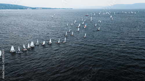 Yacht regatta shot with drone from above