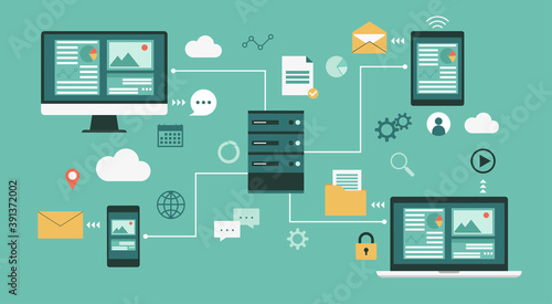 Cloud storage data center with computer, laptop, tablet and smartphone, technology network and database, vector flat illustration