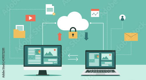 Cloud computing security and protecting data concept with computer and laptop, Online devices upload, download information, data in database on cloud services, vector flat illustration