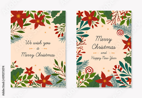 Set of Christmas and Happy New Year greeting cards templates.Modern vector layouts with hand drawn traditional winter holiday symbols.Xmas trendy designs for banners,invitations,prints,social media.