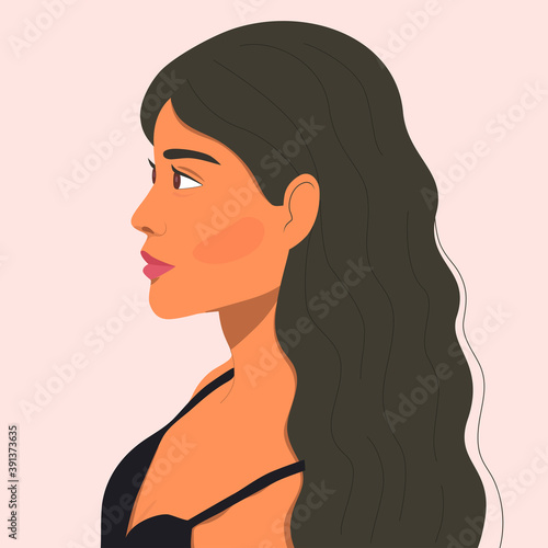 Portrait of a beautiful asian woman in profile. Female face flat color vector illustration. Isolated cartoon dark haired girl character on light pink background