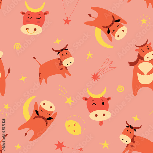 Bull horns moon flat vector seamless pattern. Funny repeat animal on pink background. Sleeping cow, calf, stars texture. New year sign 2021. Baby hand drawn design for fabric, textile, wrapper, print