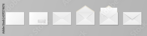 Vector 3d Realistic White Paper Blank Envelope with Letter Sheet and Window Isolated. C5, C6, A6, C6, A5, C5 Size. Design Template for Mockup. Opened and Closed. Top or Front View