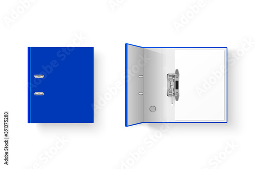 Vector 3d Closed and Opened Realistic Blue Blank and Empty Office Binder Set with Metal Rings and A4 Paper Sheet Closeup Isolated on White Background. Design Template, Mockup, Top View