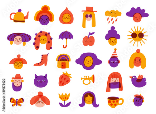 Logos and icons with people and objects in naive sketch style