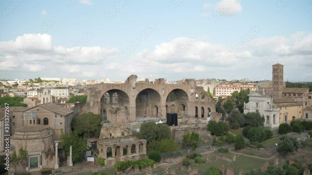 view of Roman Forum,Basilica Maxentius and medieval church from the Palatine Hill.Rome, Italy. view of Roman Forum,Basilica Maxentius and medieval church from the Palatine Hill.Rome, Italy.
