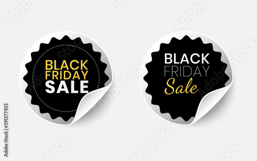 Set of realistic black friday sale stickers with rolled up corners. Round promotion labels with curled edges. Discount tags vector illustration with shadow