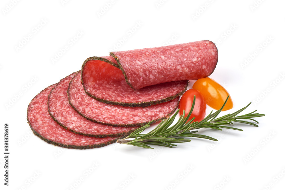 Peppered salami slices, isolated on white background