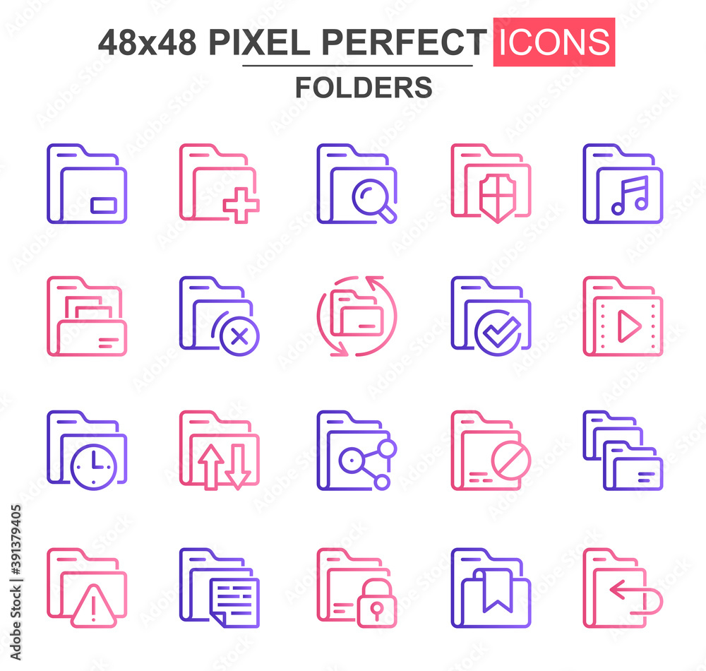 Folders thin line icon set. Add, delete, archive, media sources, security, search, lock, transfer, copy unique icons. Outline vector bundle for UI UX design. 48x48 pixel perfect linear pictogram pack.