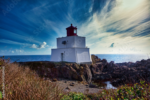 Amphitrite Point Lightstation (Ucluelet), a tower with a light that gives warning of shoals to passing ships. Vancouver Island, Canada