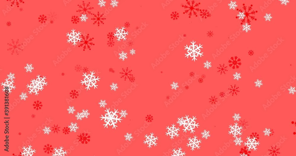 Animation of winter scenery with snowflakes falling on red background Animation of winter scenery with snowflakes falling on red background