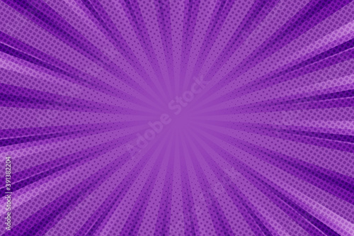 Pop art background for poster or book in purple color. Radial rays backdrop with halftone effect in comics style design.