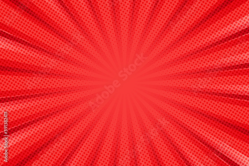 Pop art background for poster or book in red color. Radial rays backdrop with halftone effect in comics style design.