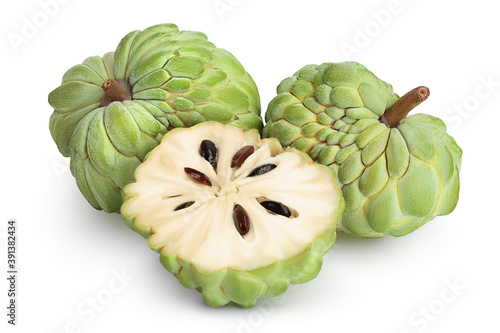 Sugar apple or custard apple isolated on white background with clipping path and full depth of field. Exotic tropical Thai annona or cherimoya fruit