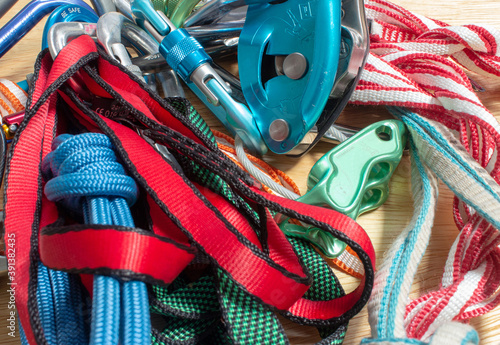 Rock climbing rack, with belay devices, carabiners, quickdraws, slings and cords